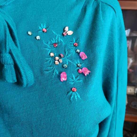 Vintage Women's Top Small 1970's You Babes Cropped Knit Teal Rhinestones Goucho - Picture 2 of 10